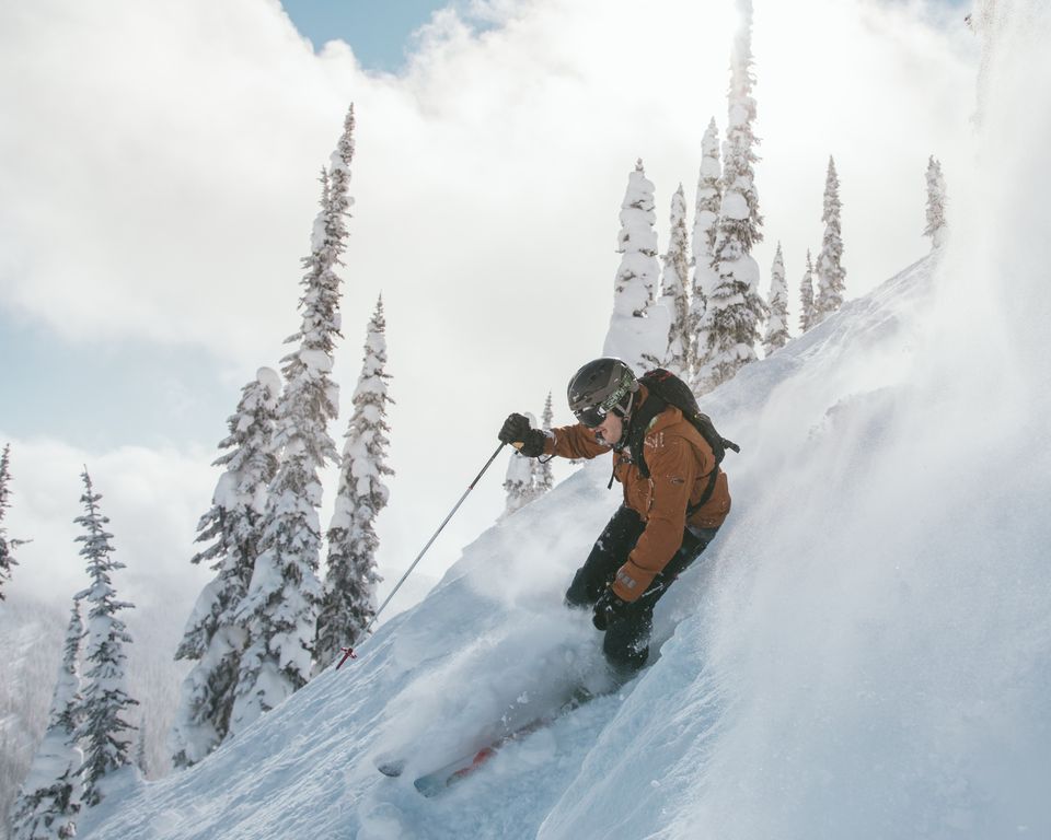 A skier throws a spray of powder on a steep slope between snow-covered trees